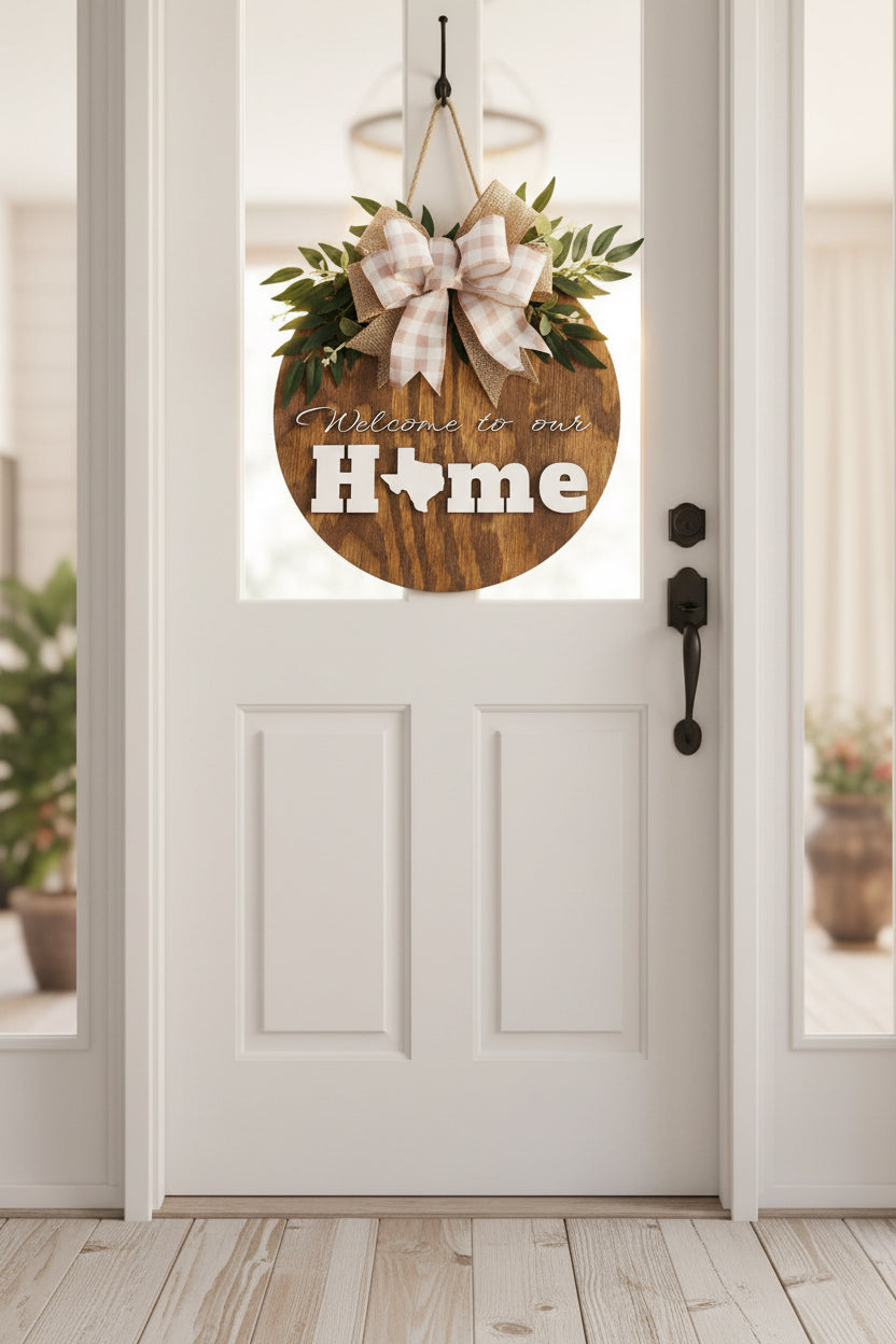 Welcome to Our Home Texas round wood door hanger with buffalo check bow and faux olive greenery
