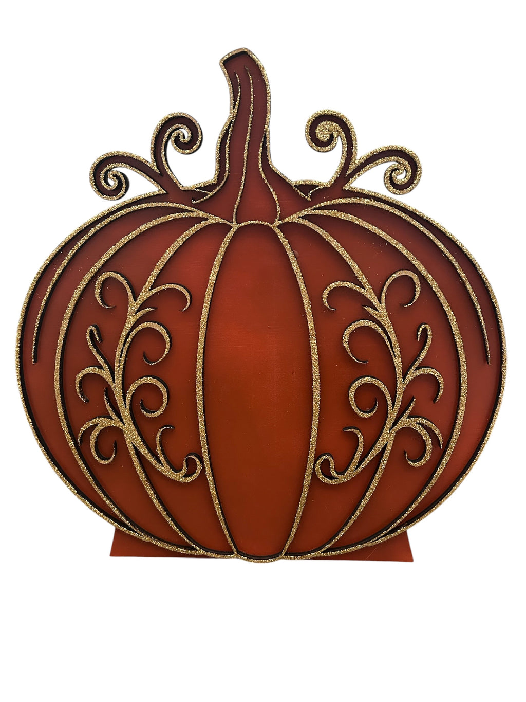 Hand-painted multi-layered wooden pumpkin with gold glitter designs, front view