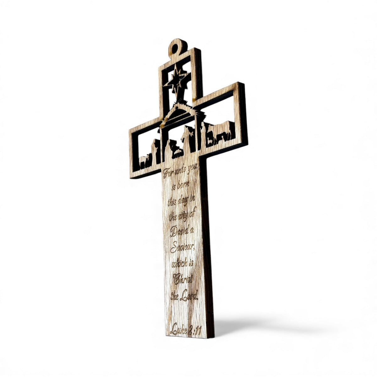 Maple Wood Nativity Cross Ornament – Luke 2:11