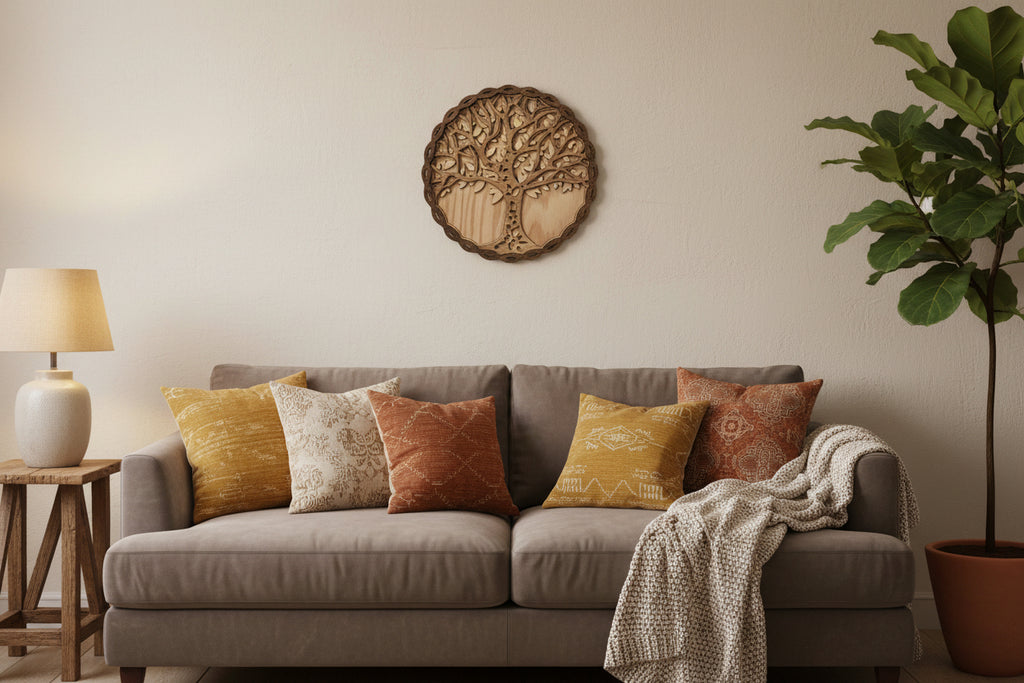 Multilayer Tree of Life laser cut wood wall art on tan background