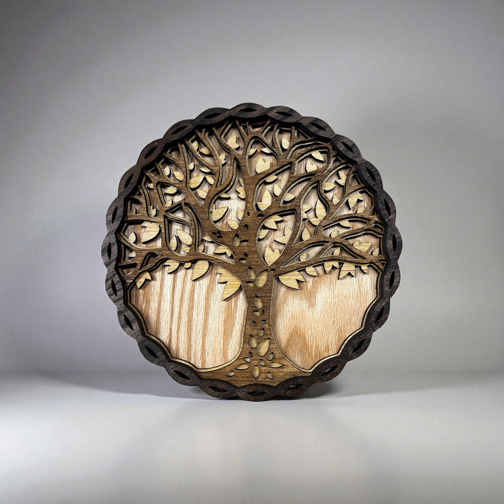 Multilayer Tree of Life laser cut wood wall art on grey background