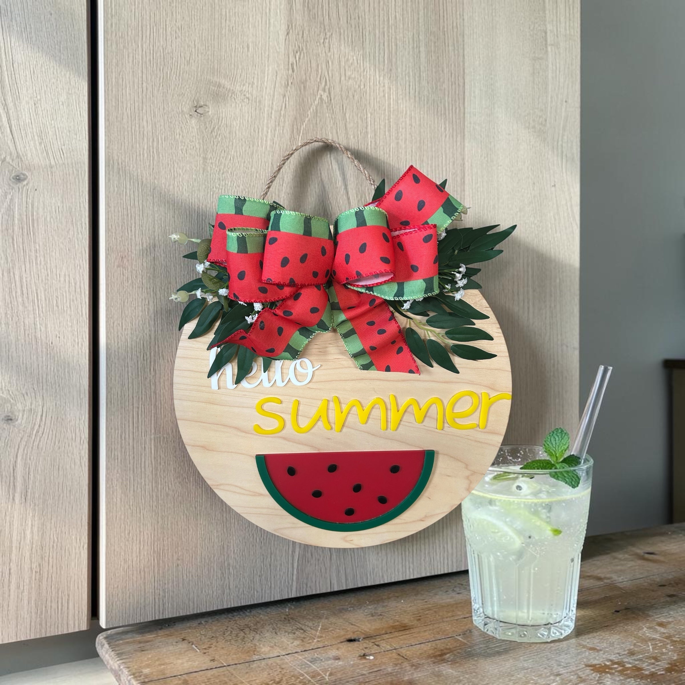 Hello Summer Watermelon Round Wood Door Hanger