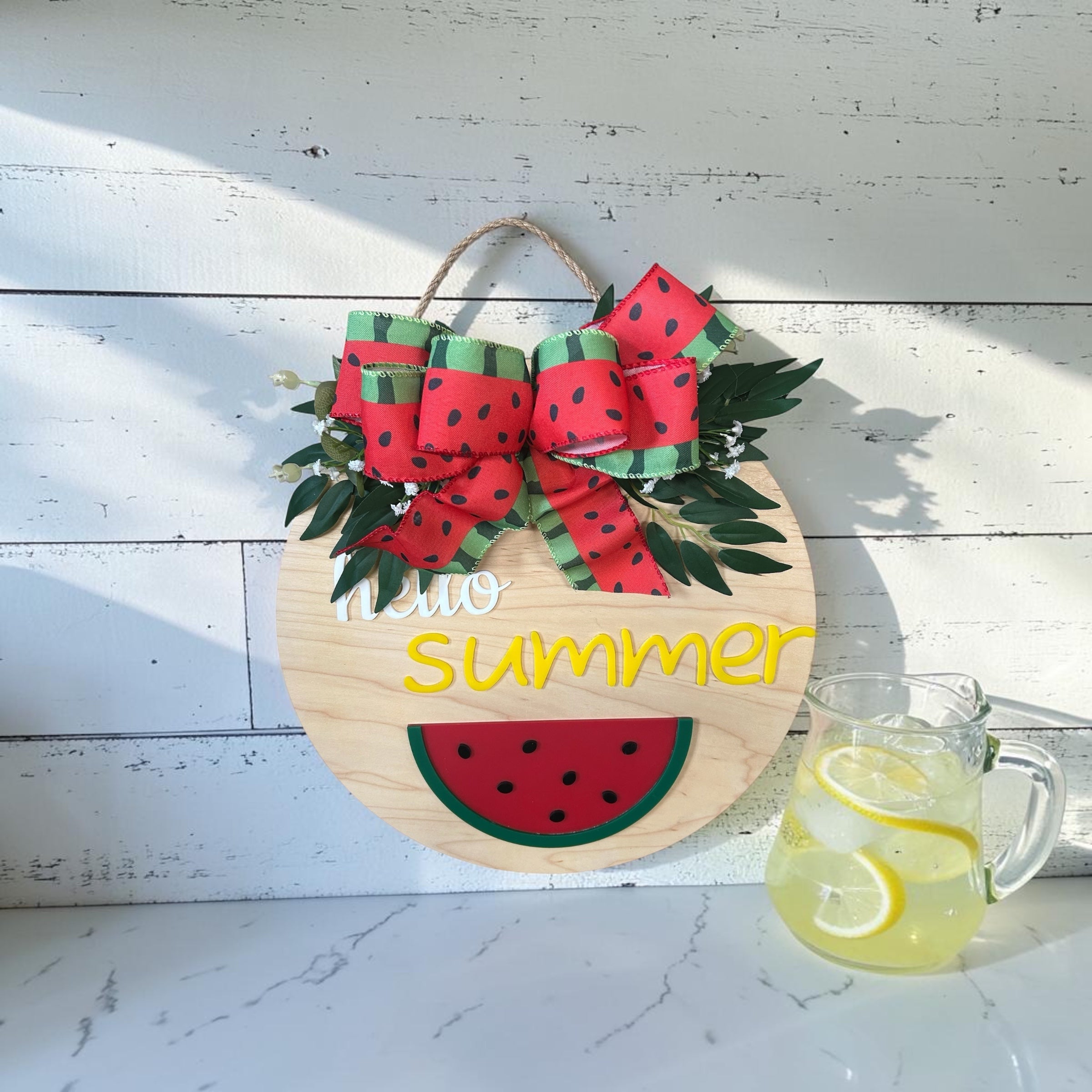 Hello Summer Watermelon Round Wood Door Hanger