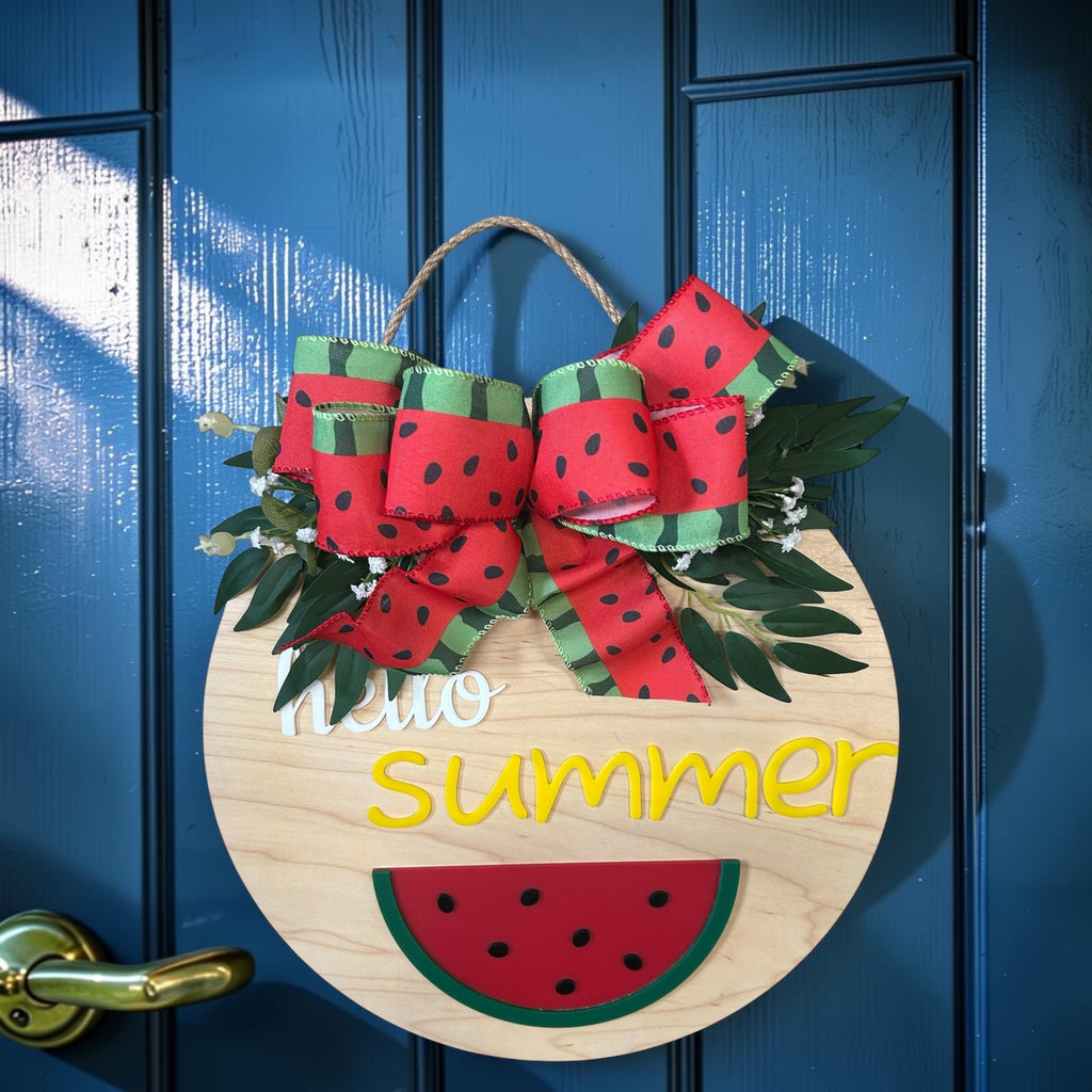 Hello Summer Watermelon Round Wood Door Hanger