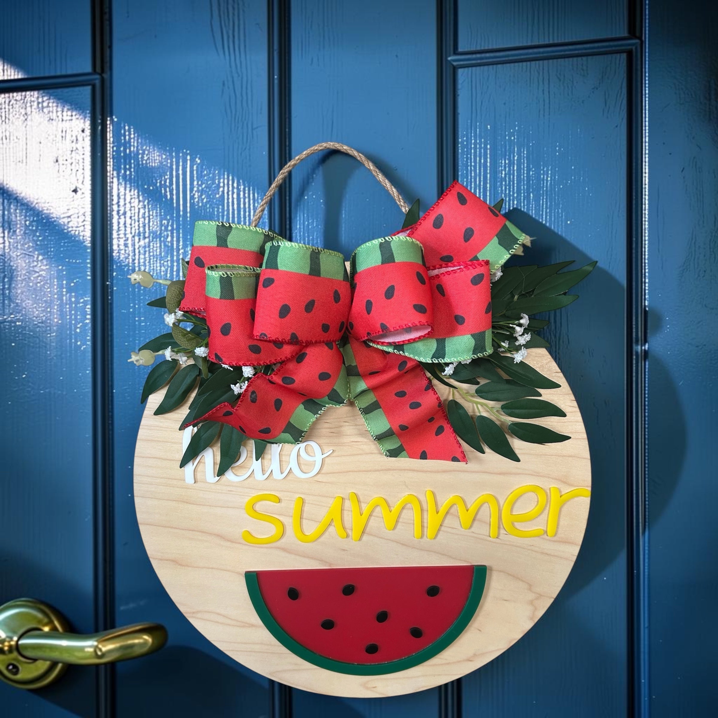 Hello Summer Watermelon Round Wood Door Hanger