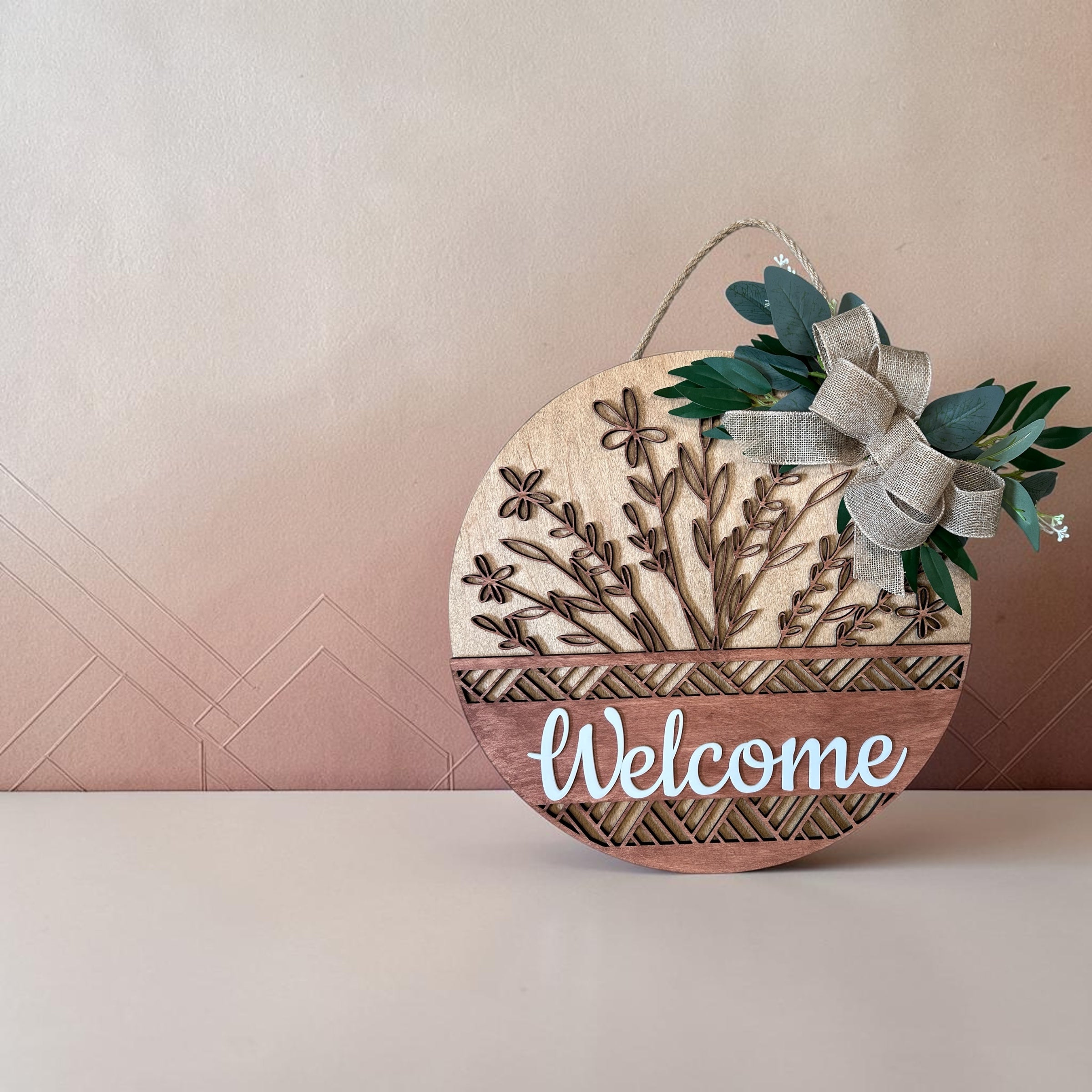 Welcome Wildflower Round Wood Door Hanger – 3-Layer Laser Cut