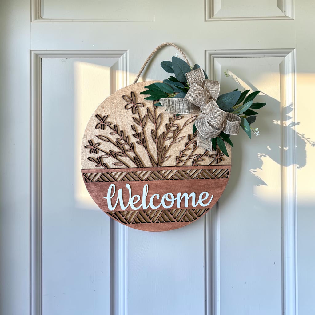Welcome Wildflower Round Wood Door Hanger – 3-Layer Laser Cut