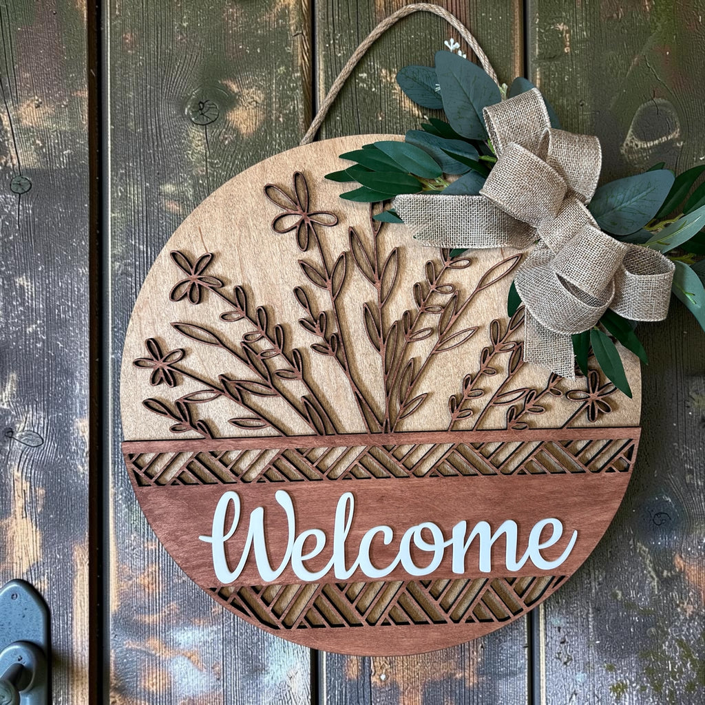 Welcome Wildflower Round Wood Door Hanger – 3-Layer Laser Cut