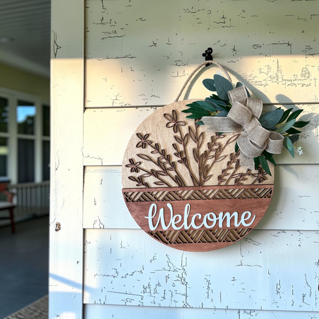 Welcome Wildflower Round Wood Door Hanger – 3-Layer Laser Cut