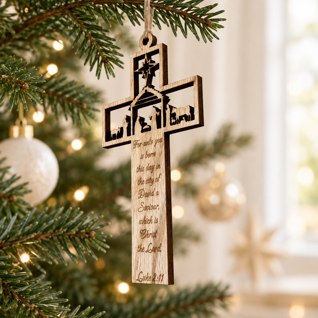 Maple Wood Nativity Cross Ornament – Luke 2:11