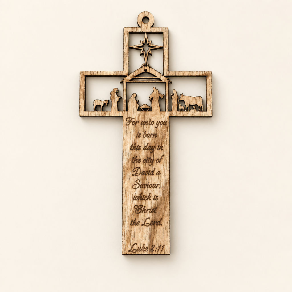 Maple Wood Nativity Cross Ornament – Luke 2:11