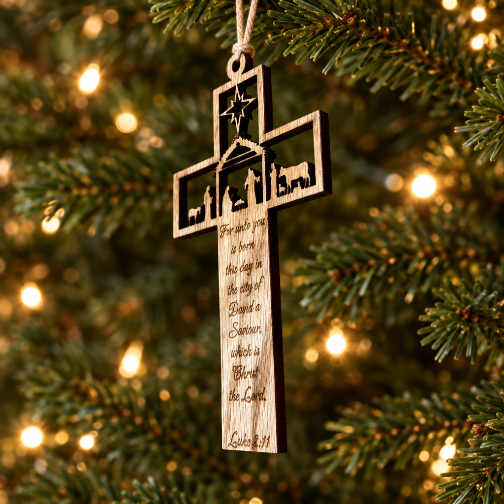 Maple Wood Nativity Cross Ornament – Luke 2:11