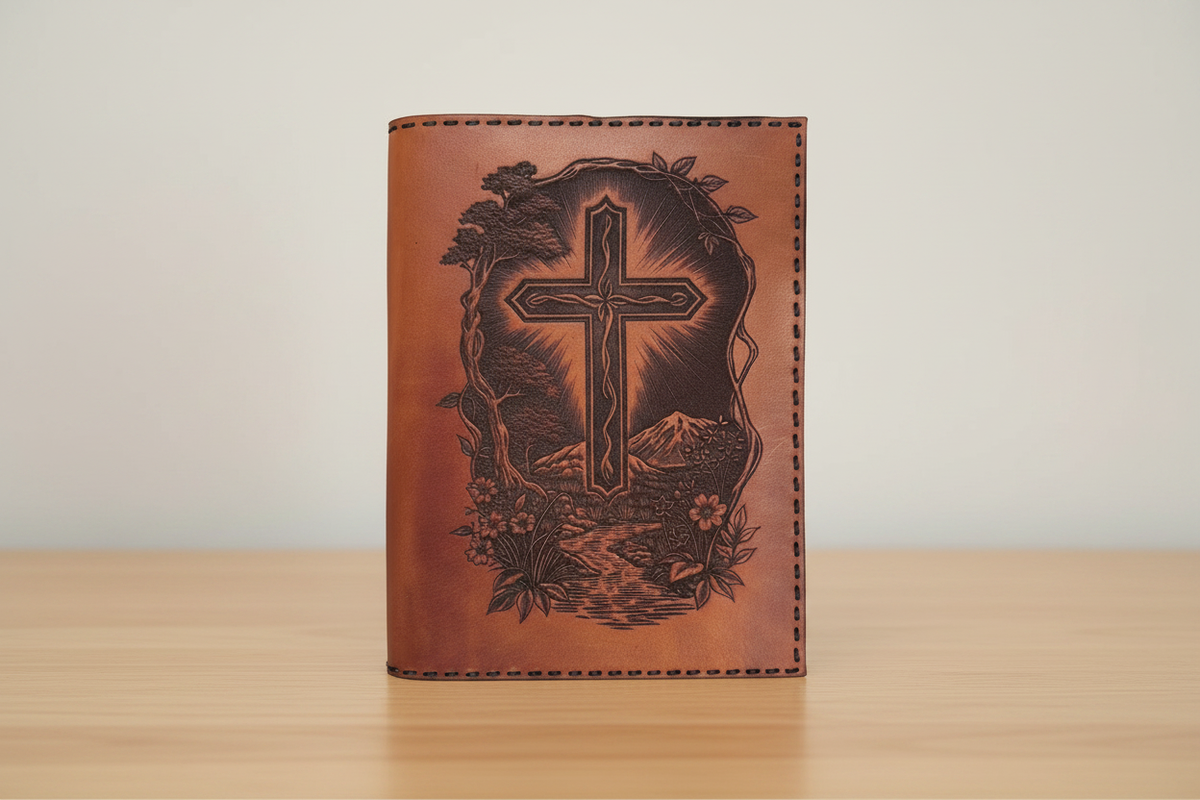 Handmade laser-engraved leather journal with a floral cross and mountain landscape on a light wood desk
