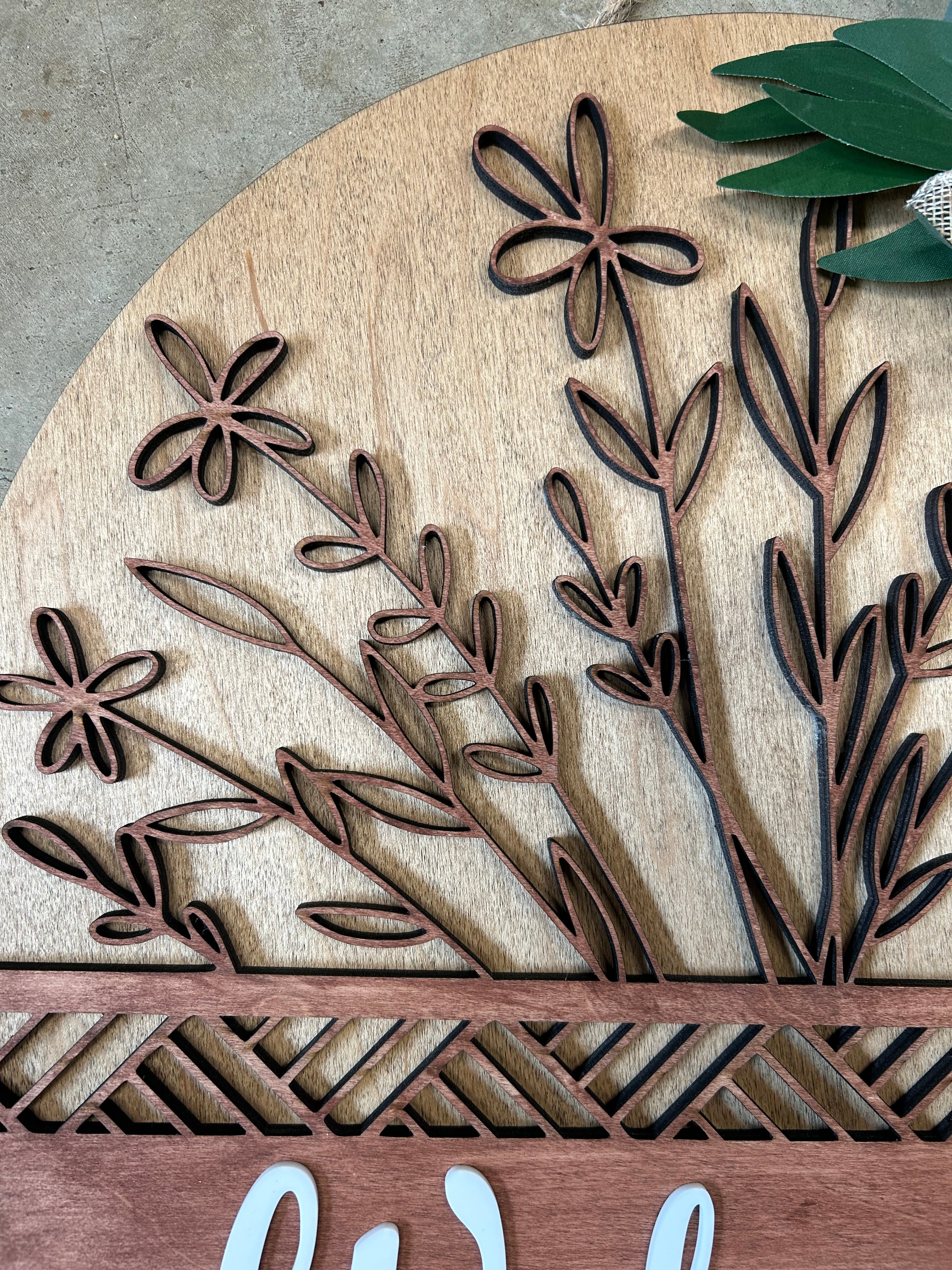 Welcome Wildflower Round Wood Door Hanger – 3-Layer Laser Cut